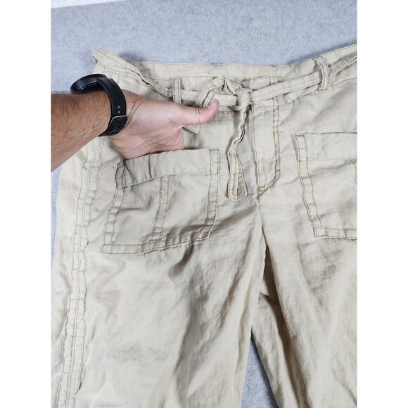 Tommy Hilfiger Sz 10 Y2k Tan 100% Linen Crop Tie Waist Low Rise Zip Leg Pants - Picture 3 of 16